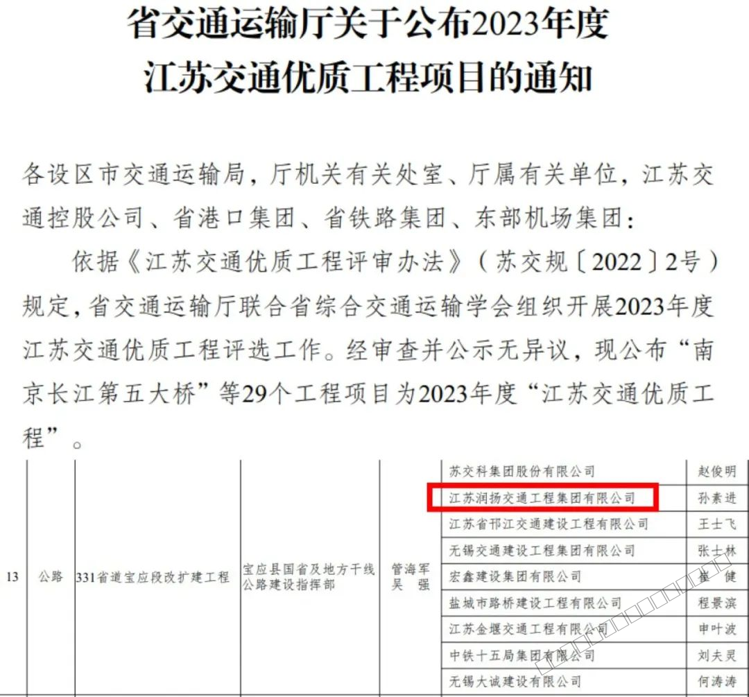 润扬集团331省道宝应段改扩建工程项目荣获“省级优质工程”-1.png